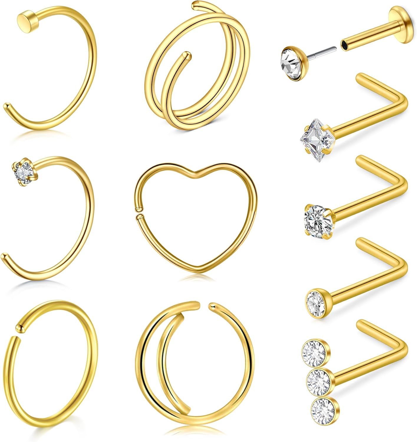 QWALIT 18g & 20g Nose Rings & Hoops - L & C Shape Studs - Surgical Stainless Steel & Silver Nose Piercing Jewelry - Rose Gold & Black - For Women & Men - QIAO CrystalQIAO CrystalQIAO Crystal