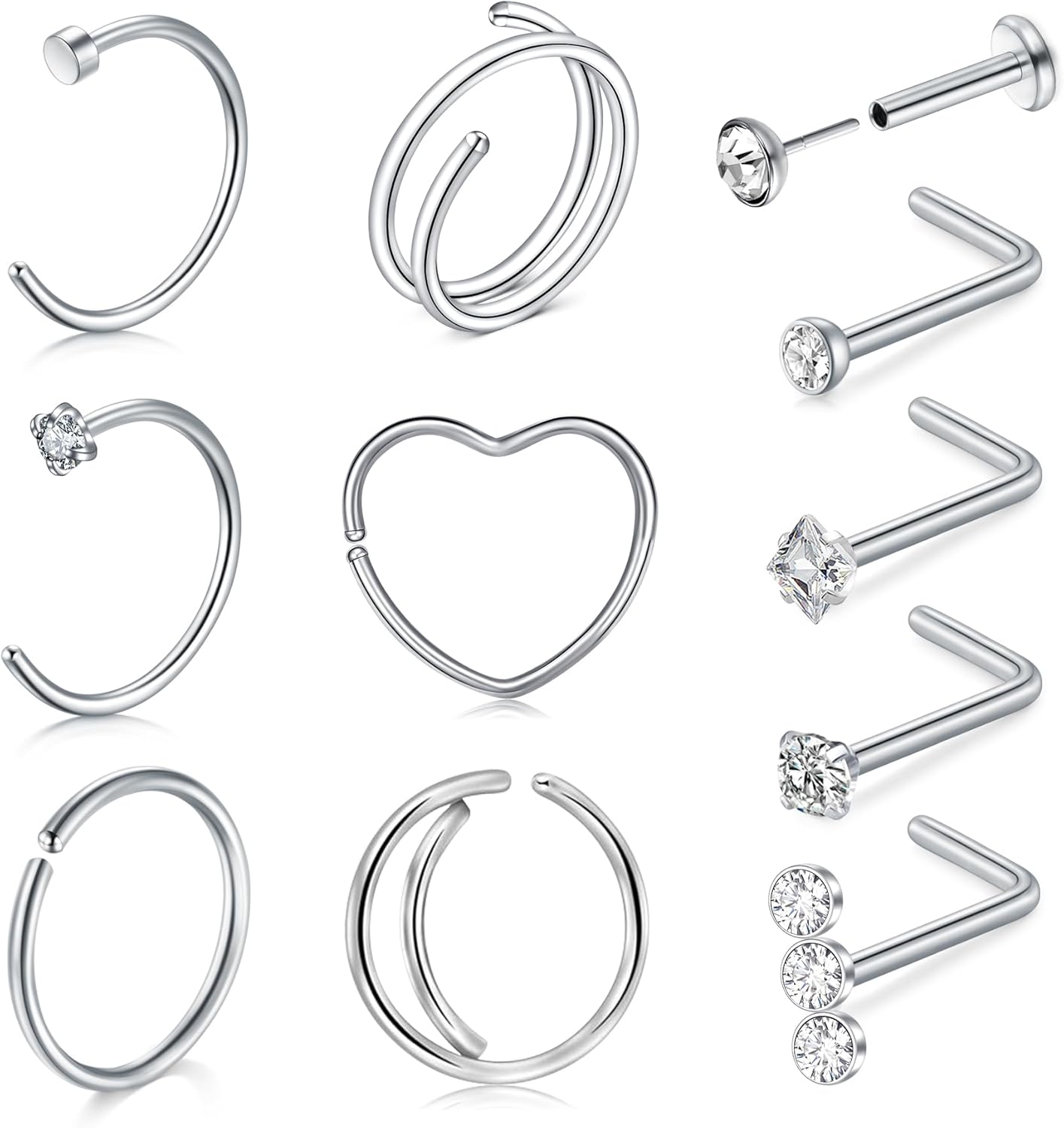 QWALIT 18g & 20g Nose Rings & Hoops - L & C Shape Studs - Surgical Stainless Steel & Silver Nose Piercing Jewelry - Rose Gold & Black - For Women & Men - QIAO CrystalQIAO CrystalQIAO Crystal