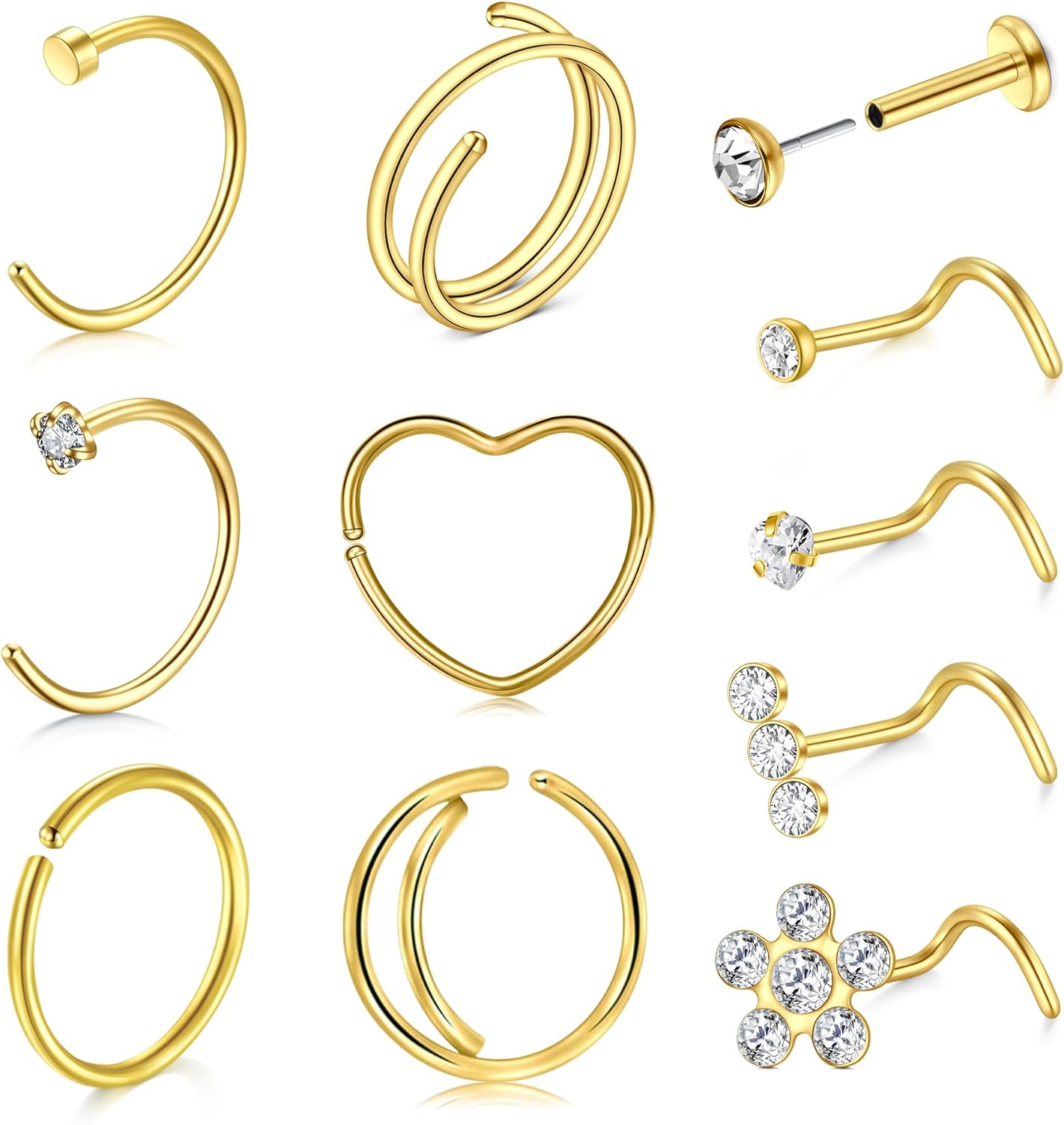 QWALIT 18g & 20g Nose Rings & Hoops - L & C Shape Studs - Surgical Stainless Steel & Silver Nose Piercing Jewelry - Rose Gold & Black - For Women & Men - QIAO CrystalQIAO CrystalQIAO Crystal