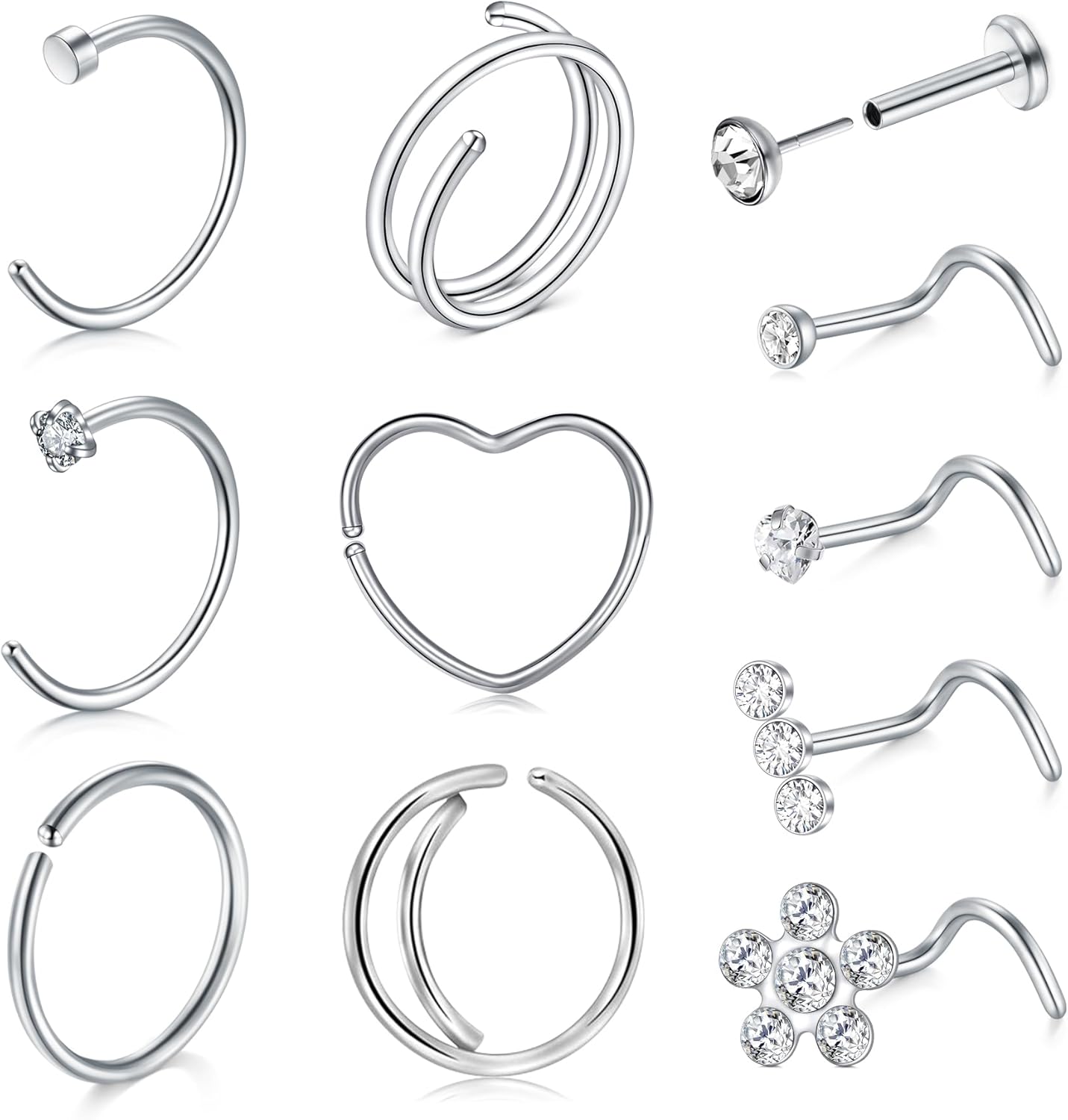 QWALIT 18g & 20g Nose Rings & Hoops - L & C Shape Studs - Surgical Stainless Steel & Silver Nose Piercing Jewelry - Rose Gold & Black - For Women & Men - QIAO CrystalQIAO CrystalQIAO Crystal