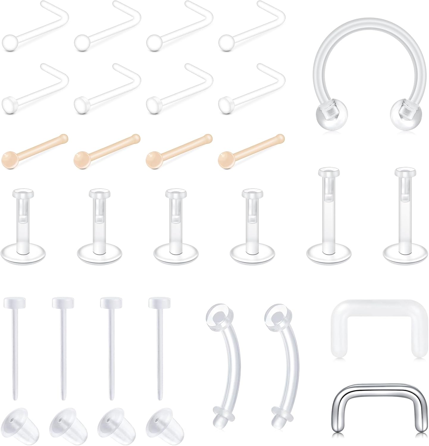 QWALIT Clear Nose Rings Studs L Shape Piercing Retainer Flexible Nose Bone Flesh Skin Color Nostril Piercing Retainer for Work 18g 20g Flat Top - QIAO CrystalQIAO CrystalQIAO Crystal