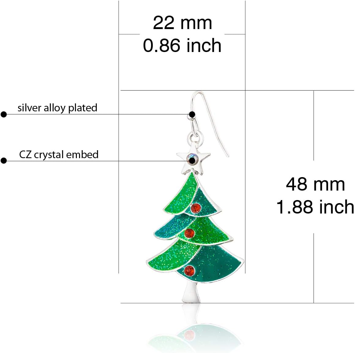 RareLove Green Christmas Tree with Star Red Rhinestone Pierced Dangle Earrings CZ Crystal Silver Plated Alloy Holiday For Women - 我的商店我的商店我的商店