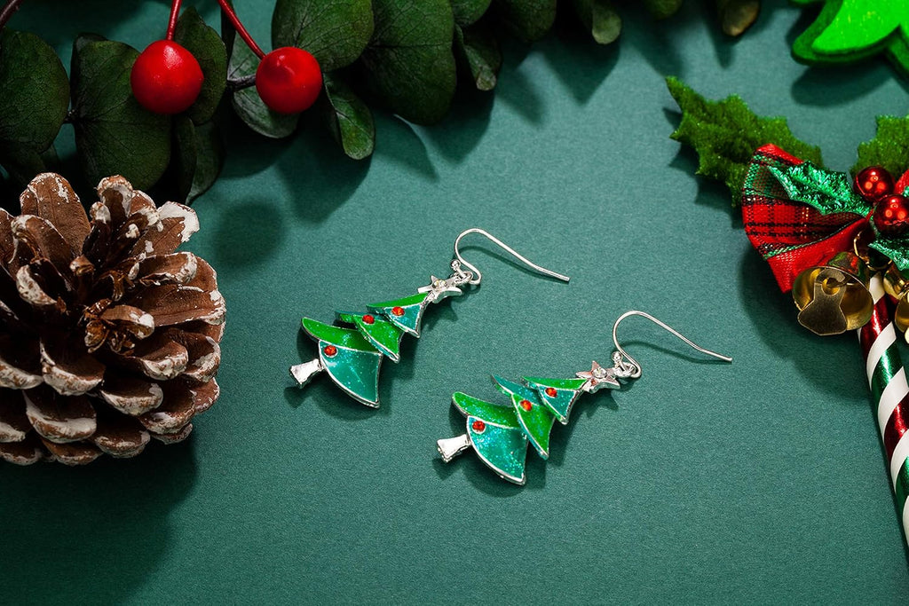 RareLove Green Christmas Tree with Star Red Rhinestone Pierced Dangle Earrings CZ Crystal Silver Plated Alloy Holiday For Women - 我的商店我的商店我的商店