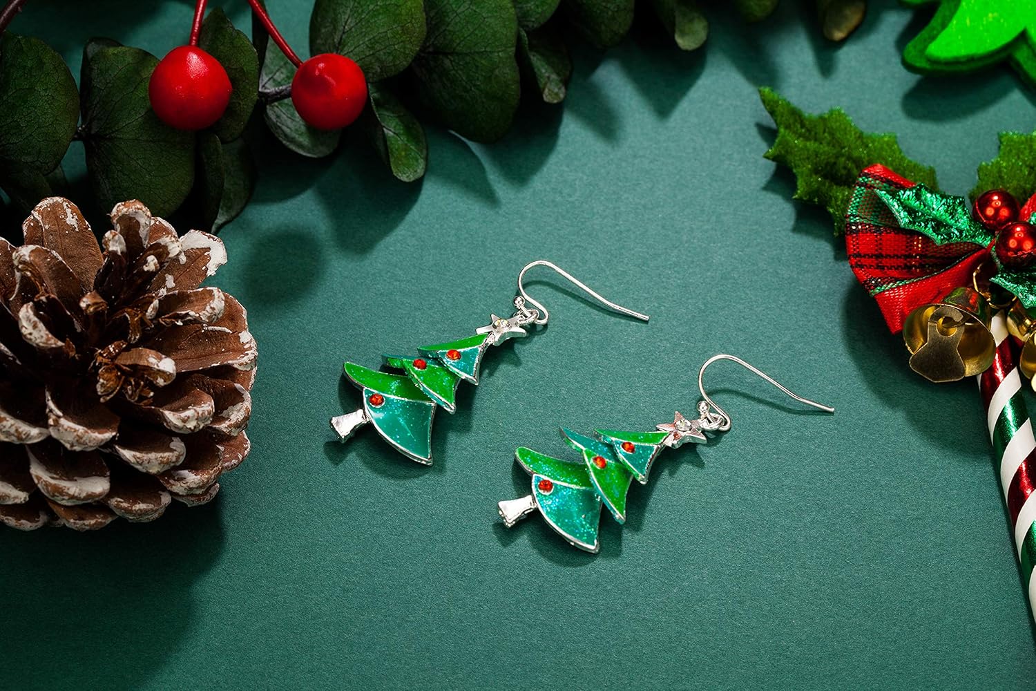 RareLove Green Christmas Tree with Star Red Rhinestone Pierced Dangle Earrings CZ Crystal Silver Plated Alloy Holiday For Women - 我的商店我的商店我的商店