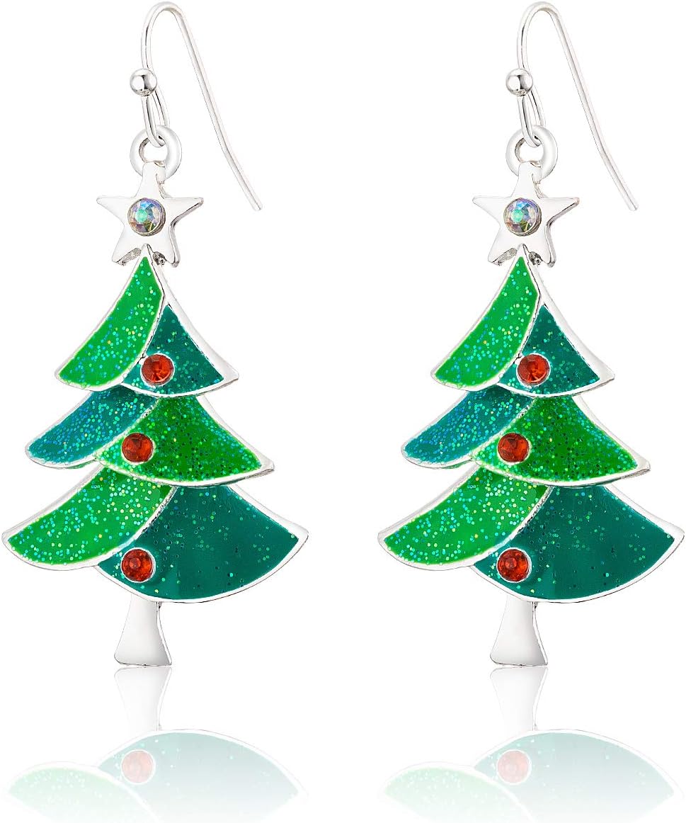 RareLove Green Christmas Tree with Star Red Rhinestone Pierced Dangle Earrings CZ Crystal Silver Plated Alloy Holiday For Women - 我的商店我的商店我的商店