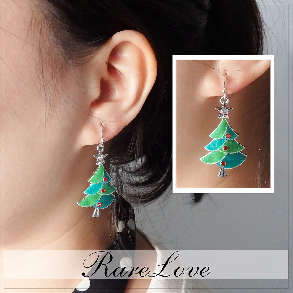 RareLove Green Christmas Tree with Star Red Rhinestone Pierced Dangle Earrings CZ Crystal Silver Plated Alloy Holiday For Women - 我的商店我的商店我的商店