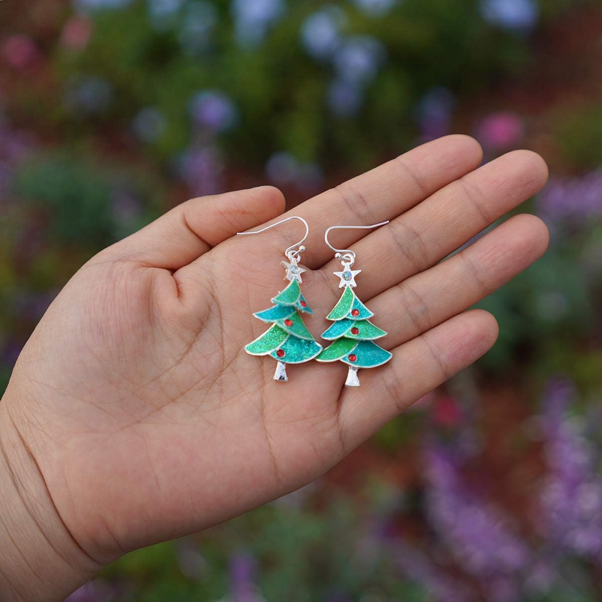 RareLove Green Christmas Tree with Star Red Rhinestone Pierced Dangle Earrings CZ Crystal Silver Plated Alloy Holiday For Women - 我的商店我的商店我的商店