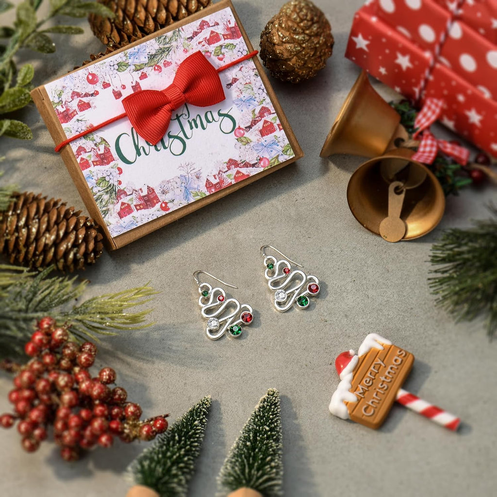 RareLove Red Green CZ Rhinestone Hollow Christmas Tree Dangle Christmas Earrings for Women Alloy Silver Plated, Holiday Earrings, Cute Earrings,Christmas Costume Jewelry - 我的商店我的商店我的商店