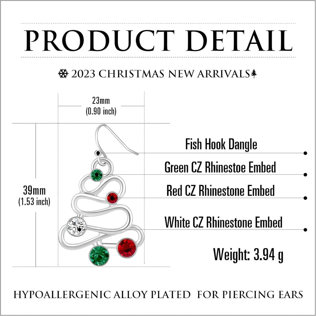 RareLove Red Green CZ Rhinestone Hollow Christmas Tree Dangle Christmas Earrings for Women Alloy Silver Plated, Holiday Earrings, Cute Earrings,Christmas Costume Jewelry - 我的商店我的商店我的商店