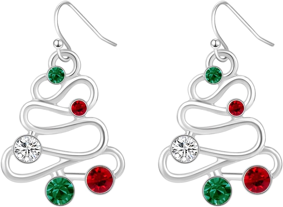 RareLove Red Green CZ Rhinestone Hollow Christmas Tree Dangle Christmas Earrings for Women Alloy Silver Plated, Holiday Earrings, Cute Earrings,Christmas Costume Jewelry - 我的商店我的商店我的商店