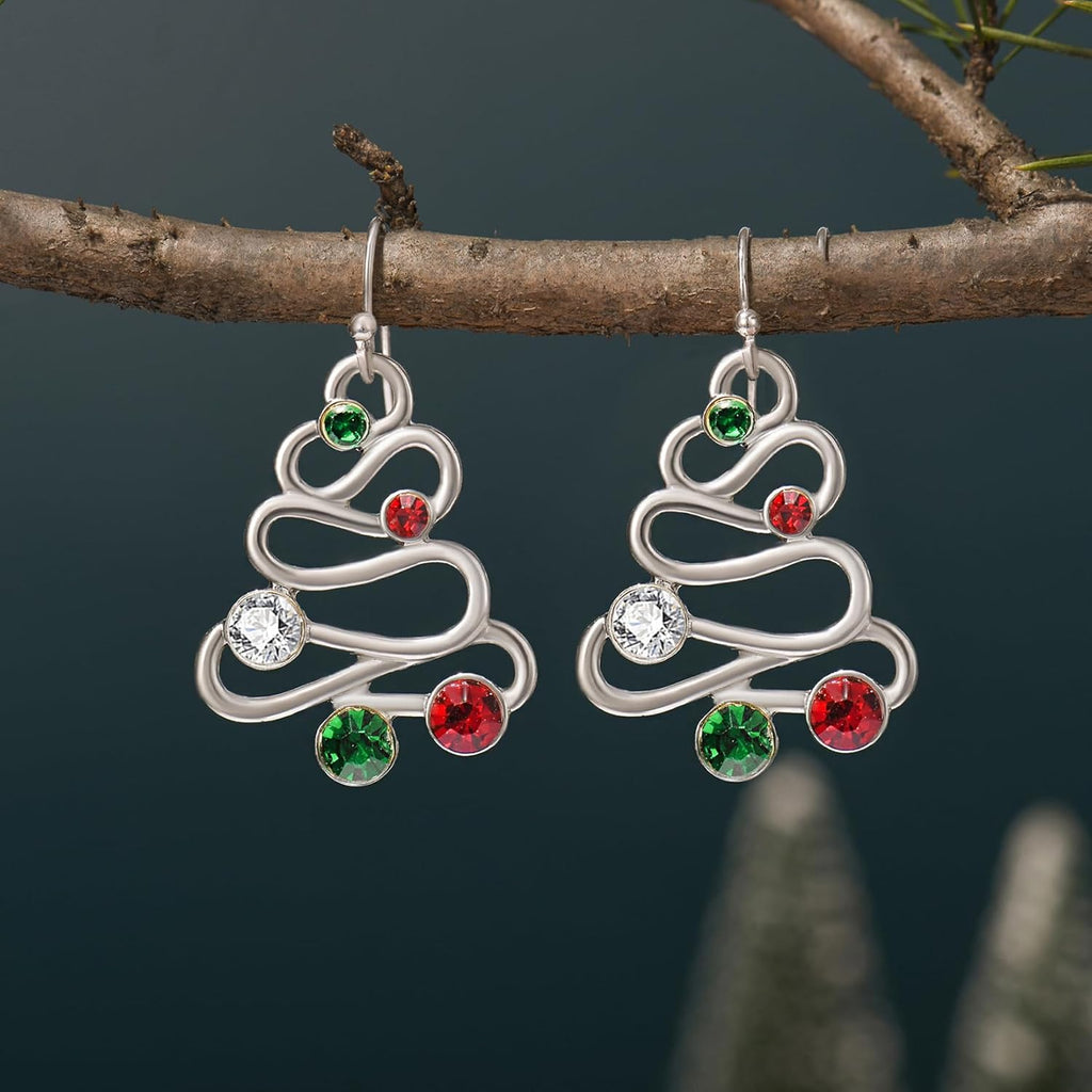 RareLove Red Green CZ Rhinestone Hollow Christmas Tree Dangle Christmas Earrings for Women Alloy Silver Plated, Holiday Earrings, Cute Earrings,Christmas Costume Jewelry - 我的商店我的商店我的商店