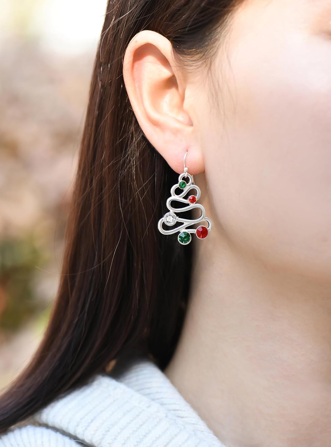 RareLove Red Green CZ Rhinestone Hollow Christmas Tree Dangle Christmas Earrings for Women Alloy Silver Plated, Holiday Earrings, Cute Earrings,Christmas Costume Jewelry - 我的商店我的商店我的商店