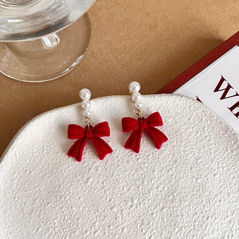 Red Black Velvet Earring Dainty Bowknot Bow Earrings with Pearls Wedding Earrings for Brides Birthday Christmas Gifts - 我的商店我的商店我的商店