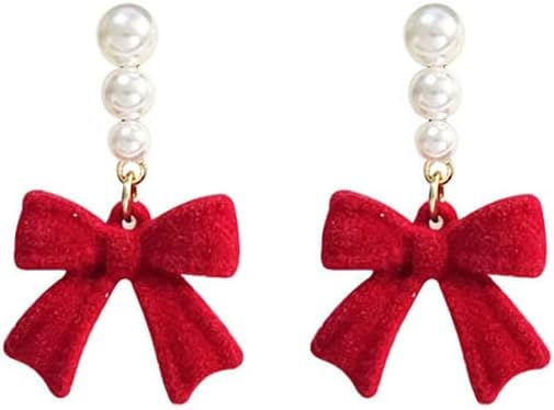 Red Black Velvet Earring Dainty Bowknot Bow Earrings with Pearls Wedding Earrings for Brides Birthday Christmas Gifts - 我的商店我的商店我的商店