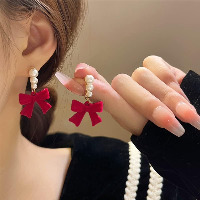 Red Black Velvet Earring Dainty Bowknot Bow Earrings with Pearls Wedding Earrings for Brides Birthday Christmas Gifts - 我的商店我的商店我的商店
