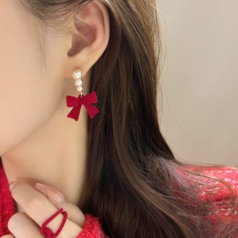 Red Black Velvet Earring Dainty Bowknot Bow Earrings with Pearls Wedding Earrings for Brides Birthday Christmas Gifts - 我的商店我的商店我的商店