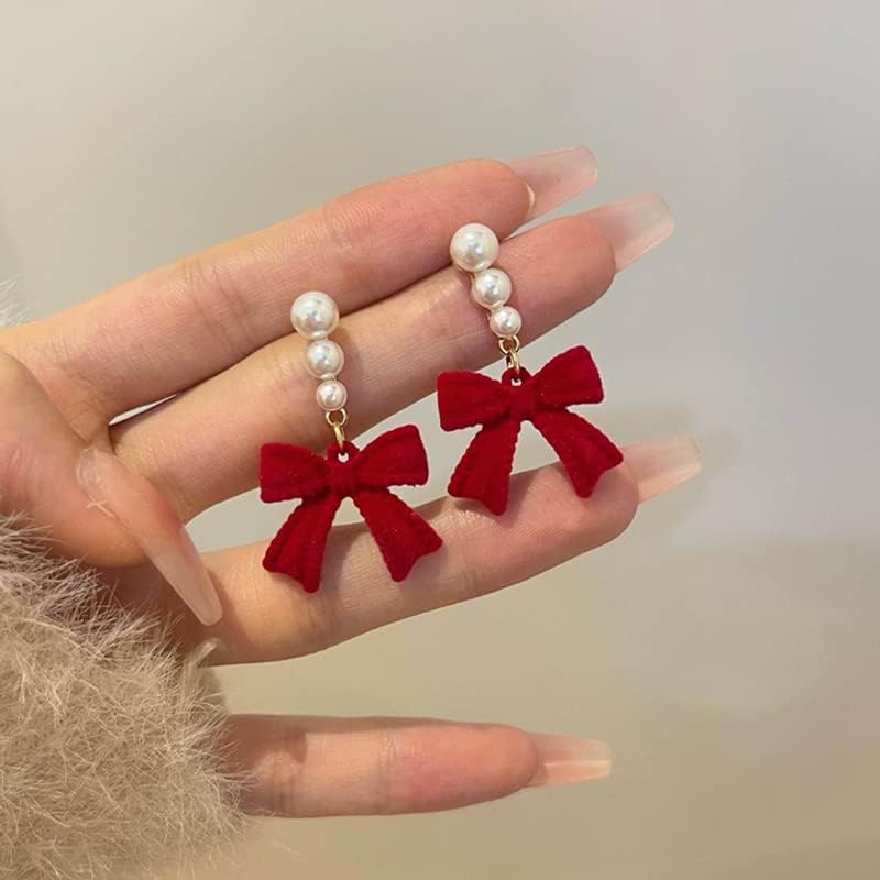 Red Black Velvet Earring Dainty Bowknot Bow Earrings with Pearls Wedding Earrings for Brides Birthday Christmas Gifts - 我的商店我的商店我的商店
