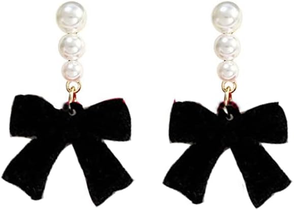 Red Black Velvet Earring Dainty Bowknot Bow Earrings with Pearls Wedding Earrings for Brides Birthday Christmas Gifts - 我的商店我的商店我的商店