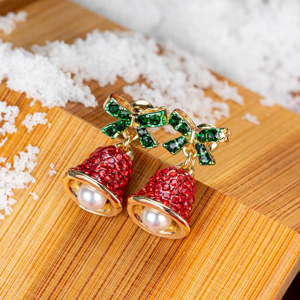 Red Crystal Bell Christmas Hat Earrings for Women, Santa Claus & Christmas Tree Dangle Drop Earrings with Sparkling Rhinestones - 我的商店我的商店我的商店