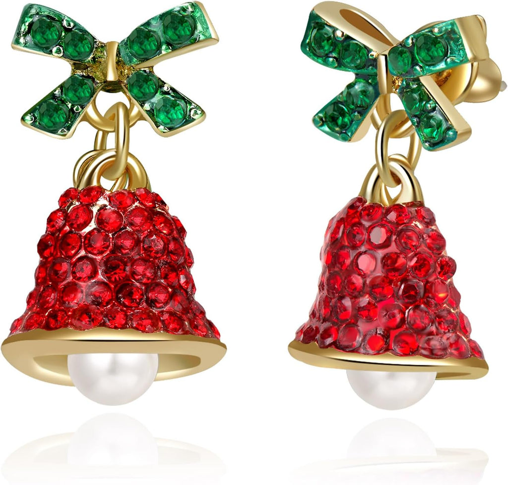 Red Crystal Bell Christmas Hat Earrings for Women, Santa Claus & Christmas Tree Dangle Drop Earrings with Sparkling Rhinestones - 我的商店我的商店我的商店