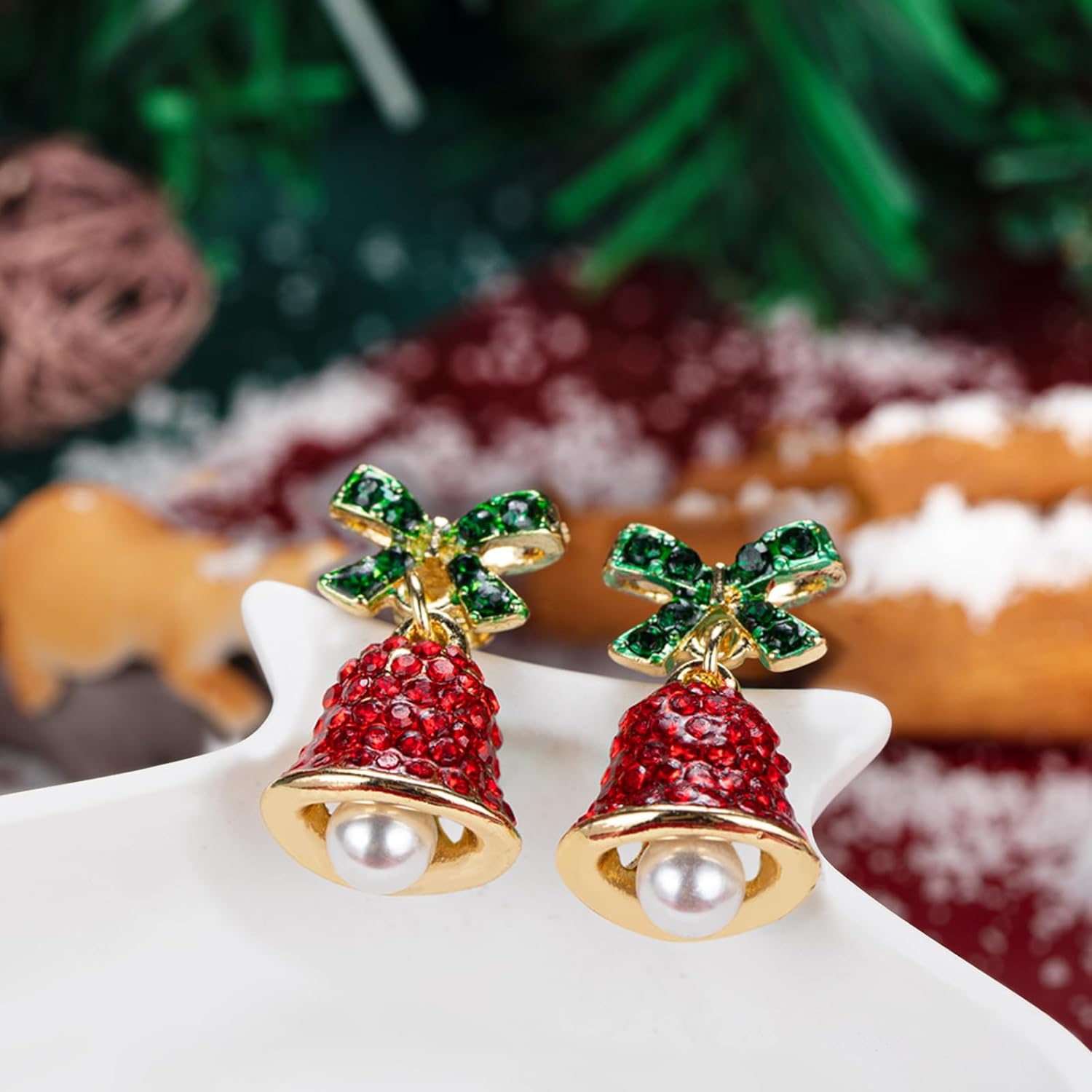 Red Crystal Bell Christmas Hat Earrings for Women, Santa Claus & Christmas Tree Dangle Drop Earrings with Sparkling Rhinestones - 我的商店我的商店我的商店