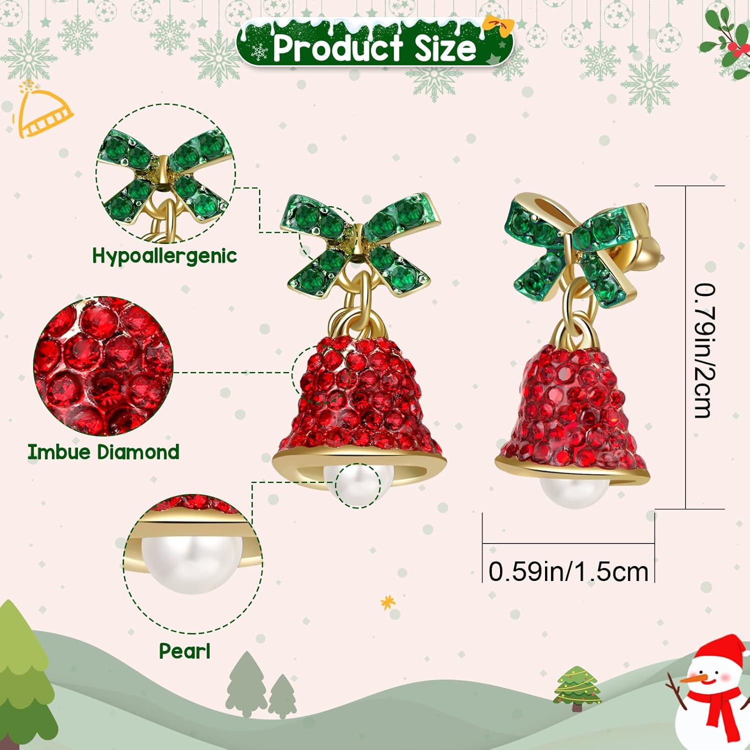 Red Crystal Bell Christmas Hat Earrings for Women, Santa Claus & Christmas Tree Dangle Drop Earrings with Sparkling Rhinestones - 我的商店我的商店我的商店