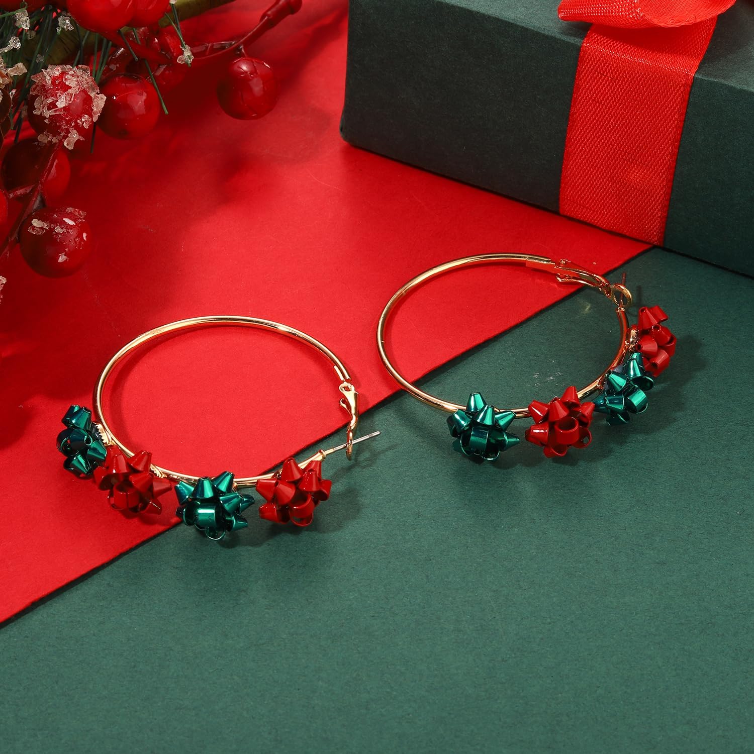 Red Green Xmas Bow Hoop Earrings - Christmas Jewelry for Women, Holiday Gifts - QIAO Crystal我的商店QIAO Crystal