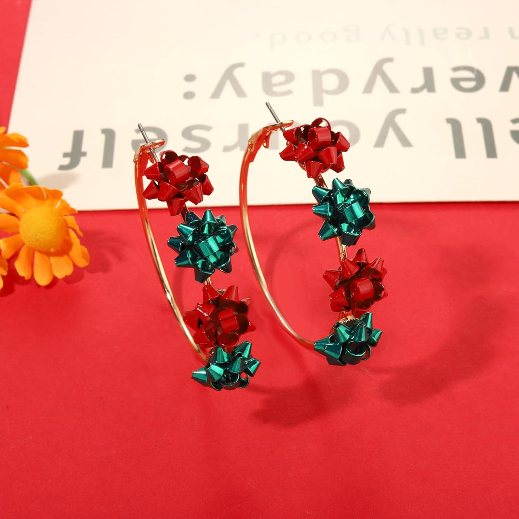 Red Green Xmas Bow Hoop Earrings - Christmas Jewelry for Women, Holiday Gifts - QIAO Crystal我的商店QIAO Crystal