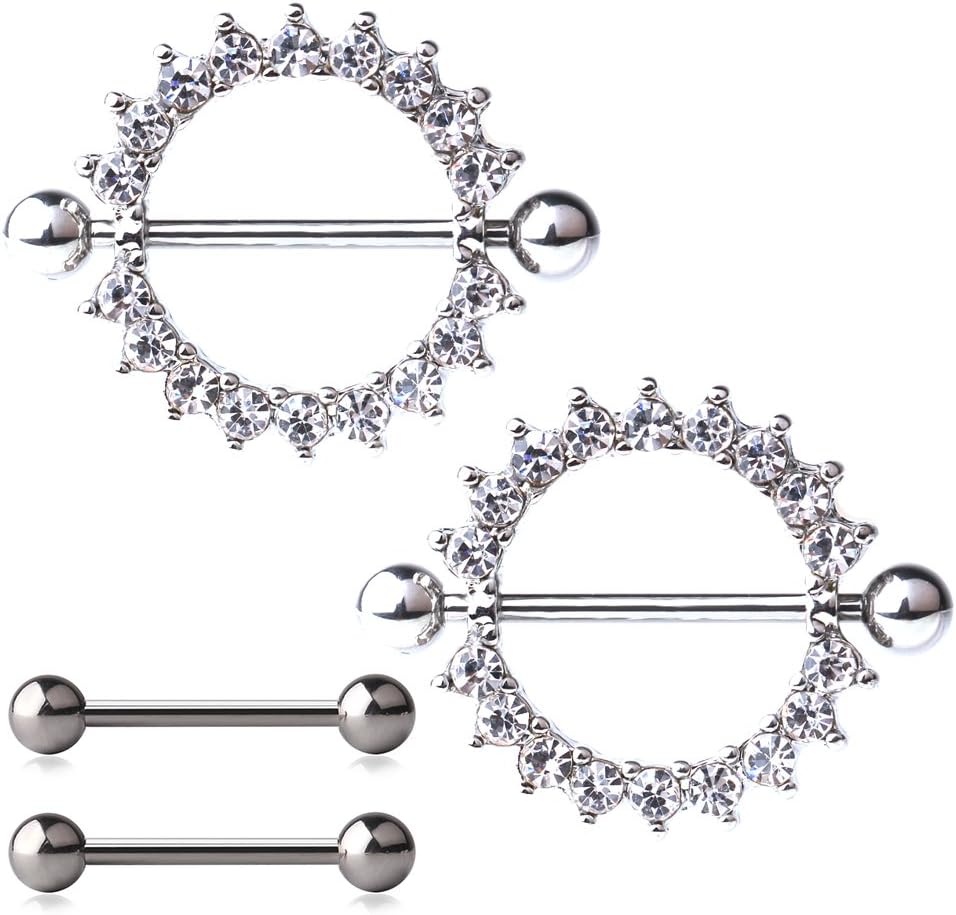Ruifan 316L Stainless Steel Round CZ Gem Nipple Shield Ring & Nipple Barbell Bar Retainer Body Piercing 14G 4PCS - QIAO CrystalQIAO CrystalQIAO Crystal