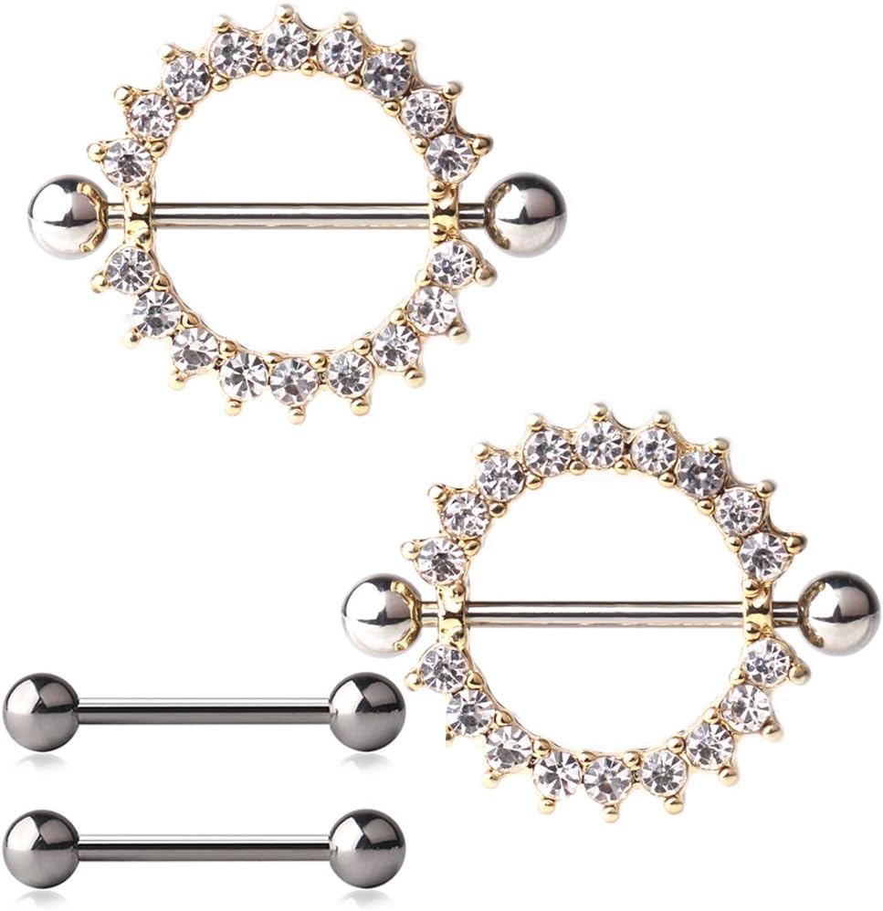 Ruifan 316L Stainless Steel Round CZ Gem Nipple Shield Ring & Nipple Barbell Bar Retainer Body Piercing 14G 4PCS - QIAO CrystalQIAO CrystalQIAO Crystal