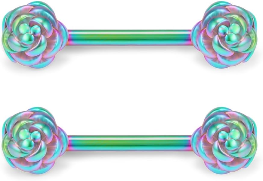 Ruifan 316L Stainless Steel Vintga Flower Rose Nipple Shield Barbell Ring Bar Body Piercing 14G 2 - 12PCS - QIAO CrystalQIAO CrystalQIAO Crystal