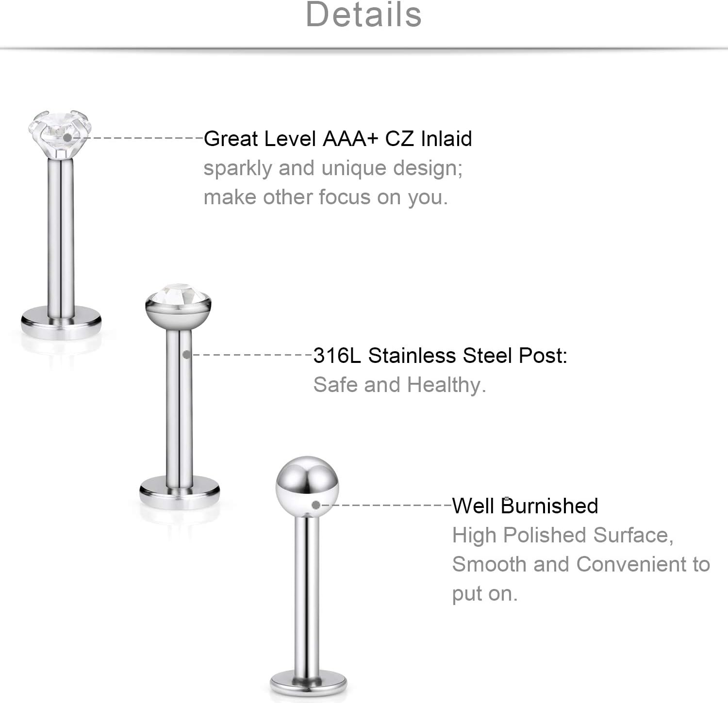 SCERRING 18PCS 16g Stainless Steel Clear Cubic Zirconia Labret Monroe Lip Tragus Cartilage Helix Earring Ring Body Piercing Jewelry 6mm 8mm 10mm - QIAO CrystalQIAO CrystalQIAO Crystal