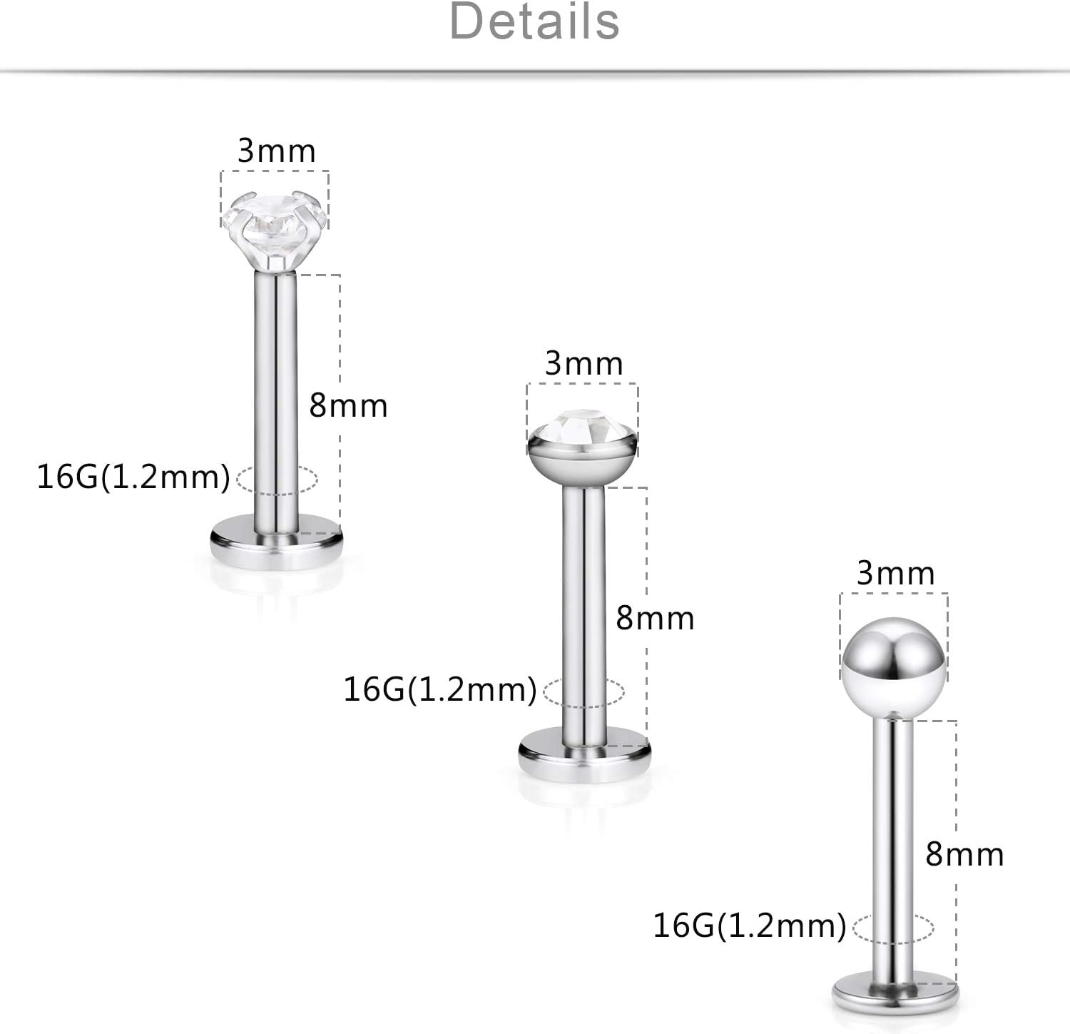 SCERRING 18PCS 16g Stainless Steel Clear Cubic Zirconia Labret Monroe Lip Tragus Cartilage Helix Earring Ring Body Piercing Jewelry 6mm 8mm 10mm - QIAO CrystalQIAO CrystalQIAO Crystal