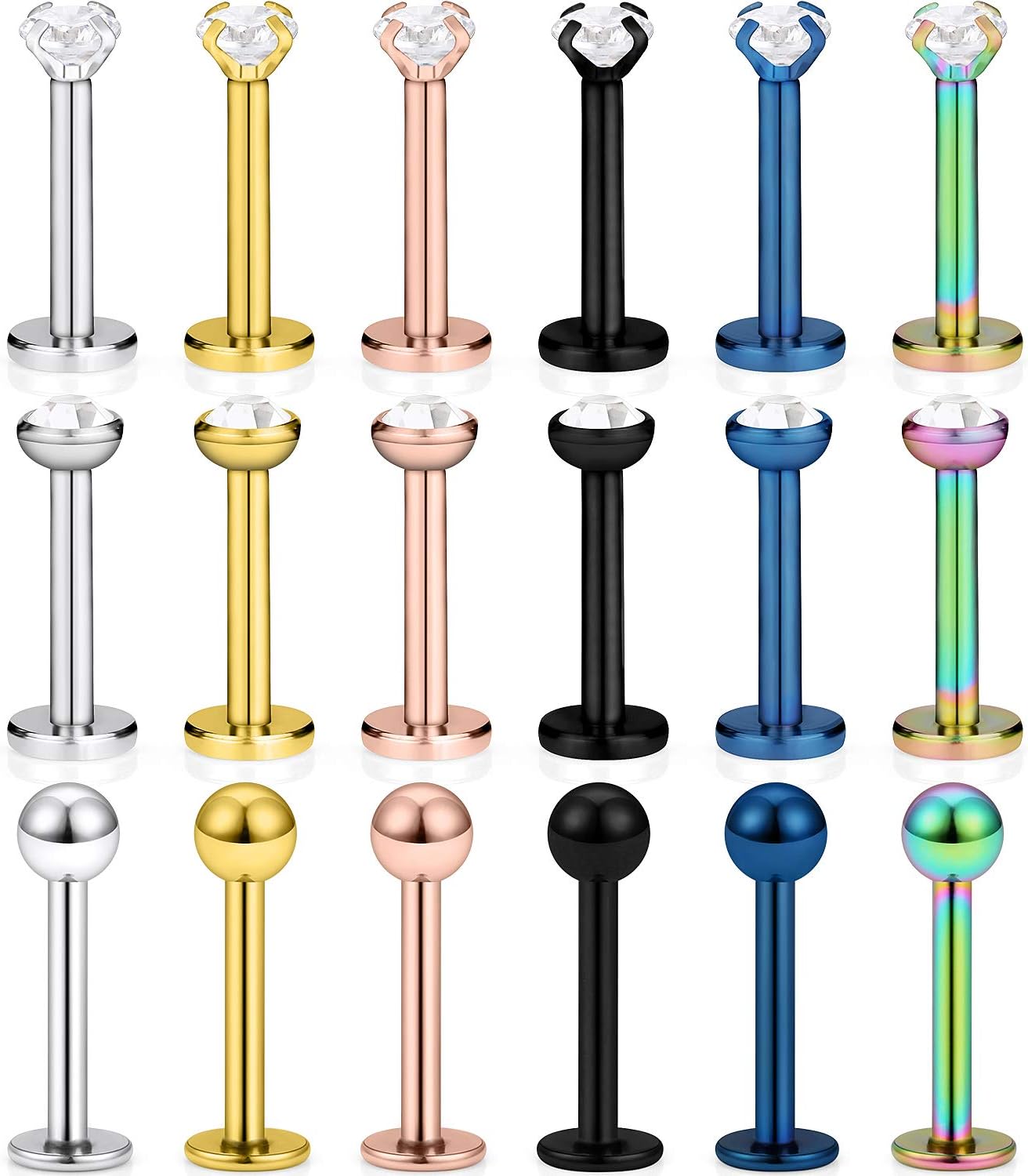 SCERRING 18PCS 16g Stainless Steel Clear Cubic Zirconia Labret Monroe Lip Tragus Cartilage Helix Earring Ring Body Piercing Jewelry 6mm 8mm 10mm - QIAO CrystalQIAO CrystalQIAO Crystal