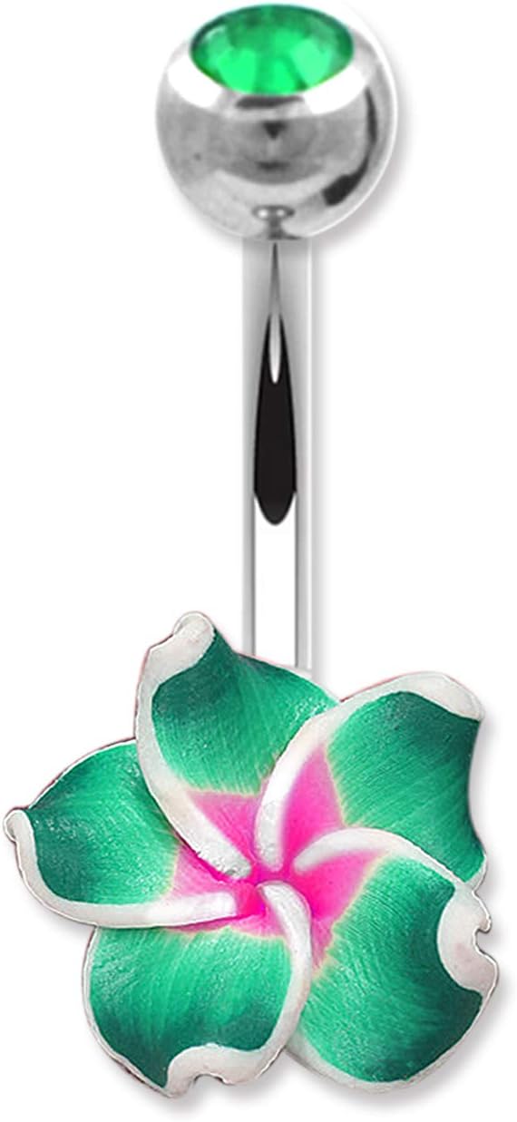 Set 14 Gauge 3/8 Inch 316L Surgical Steel Barbell Belly Button Navel Rings Dangles Boho Hawaiian Plumeria Flower - 我的商店我的商店我的商店