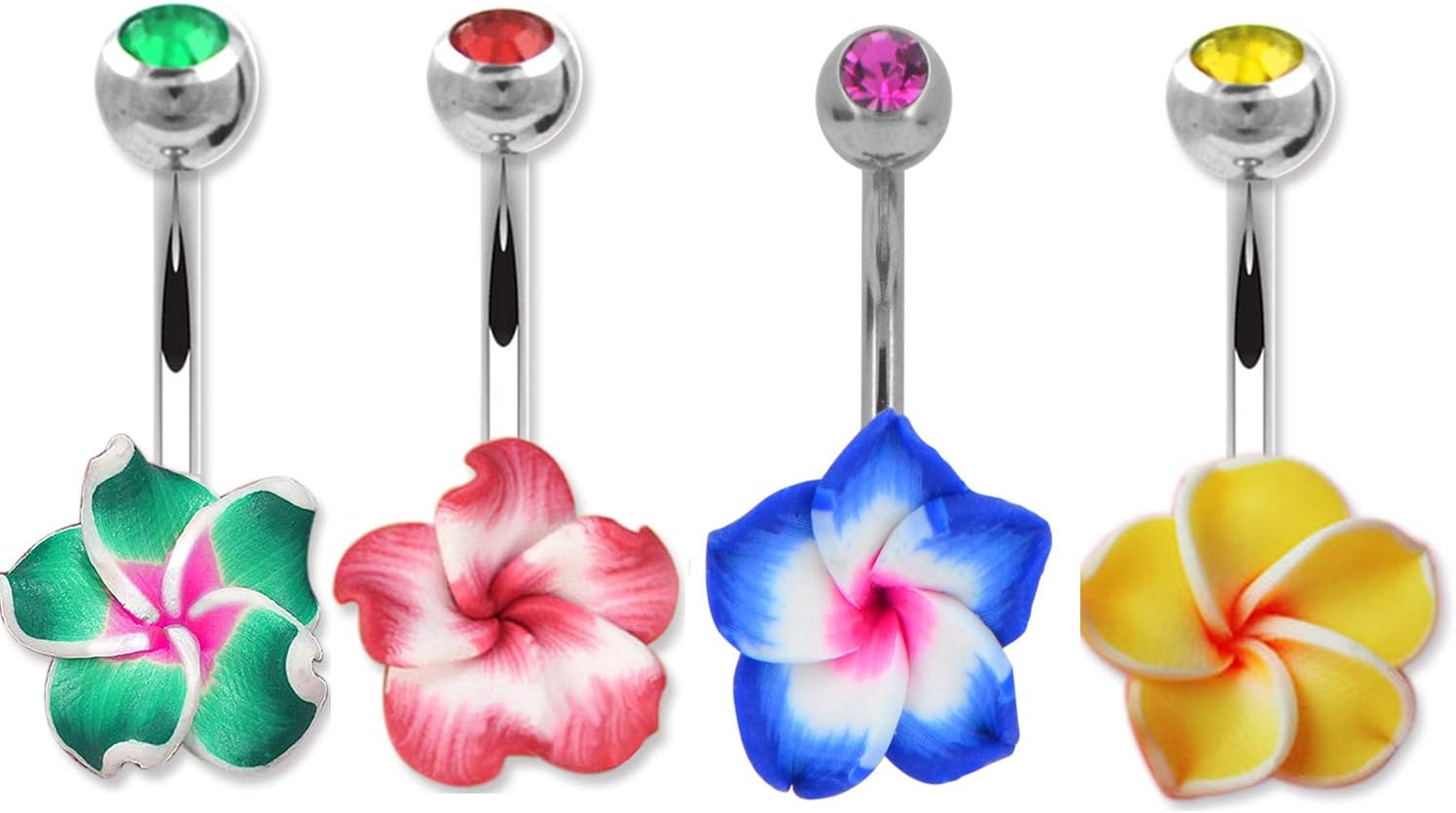 Set 14 Gauge 3/8 Inch 316L Surgical Steel Barbell Belly Button Navel Rings Dangles Boho Hawaiian Plumeria Flower - 我的商店我的商店我的商店