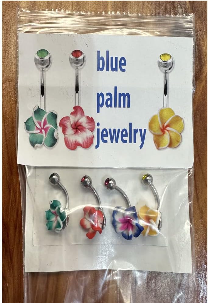 Set 14 Gauge 3/8 Inch 316L Surgical Steel Barbell Belly Button Navel Rings Dangles Boho Hawaiian Plumeria Flower - 我的商店我的商店我的商店