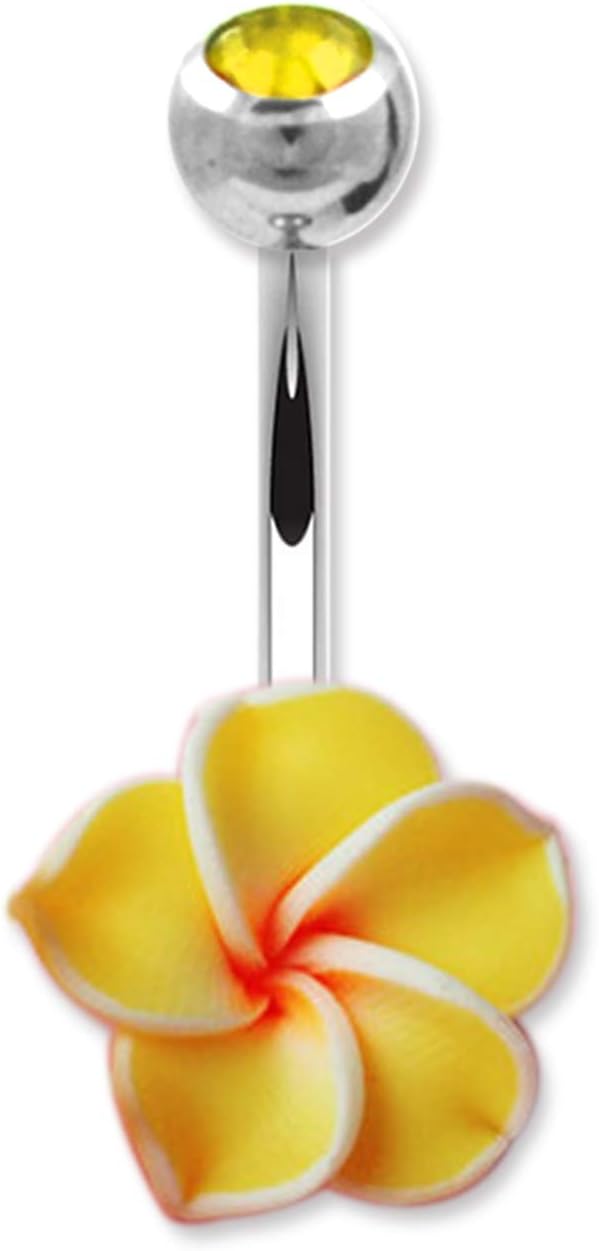 Set 14 Gauge 3/8 Inch 316L Surgical Steel Barbell Belly Button Navel Rings Dangles Boho Hawaiian Plumeria Flower - 我的商店我的商店我的商店