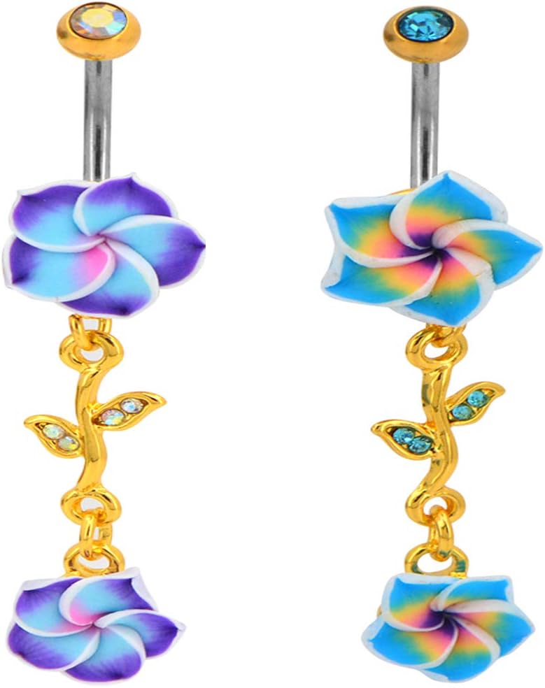 Set 14 Gauge 3/8 Inch 316L Surgical Steel Barbell Belly Button Navel Rings Dangles Boho Hawaiian Plumeria Flower - 我的商店我的商店我的商店