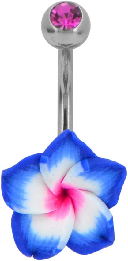 Set 14 Gauge 3/8 Inch 316L Surgical Steel Barbell Belly Button Navel Rings Dangles Boho Hawaiian Plumeria Flower - 我的商店我的商店我的商店