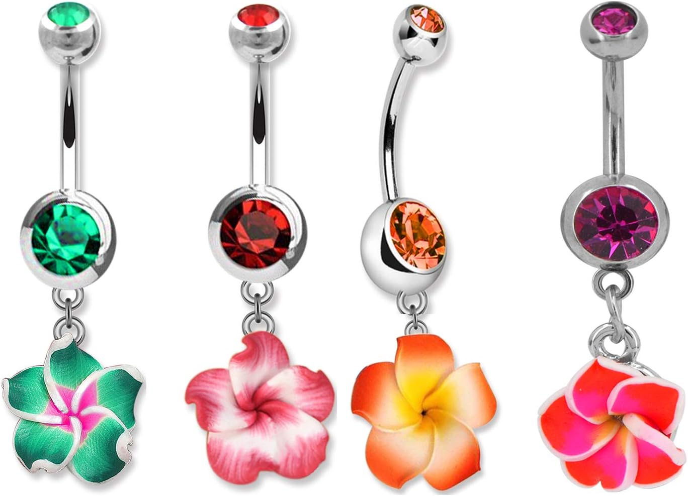 Set 14 Gauge 3/8 Inch 316L Surgical Steel Barbell Belly Button Navel Rings Dangles Boho Hawaiian Plumeria Flower - 我的商店我的商店我的商店