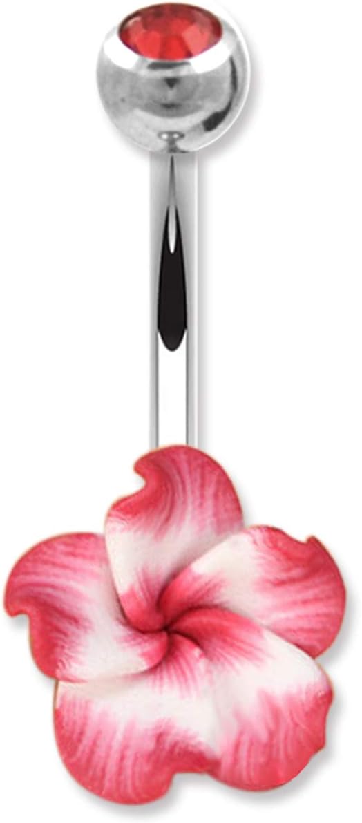 Set 14 Gauge 3/8 Inch 316L Surgical Steel Barbell Belly Button Navel Rings Dangles Boho Hawaiian Plumeria Flower - 我的商店我的商店我的商店