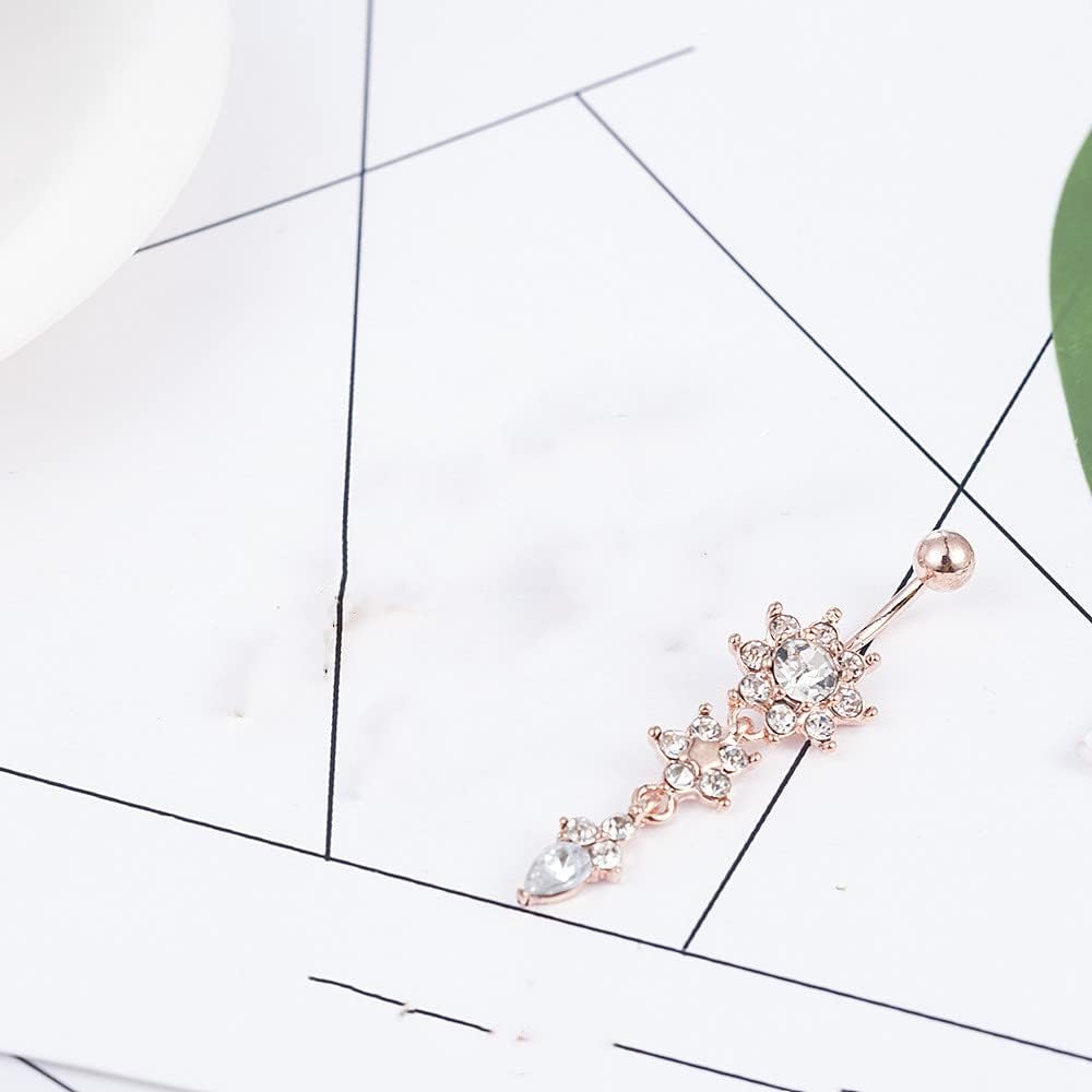 Sexy Women Crystal Body Dangle Ball Barbell Bar Belly Button Ring Navel Ring (Rose Gold) - 我的商店我的商店我的商店