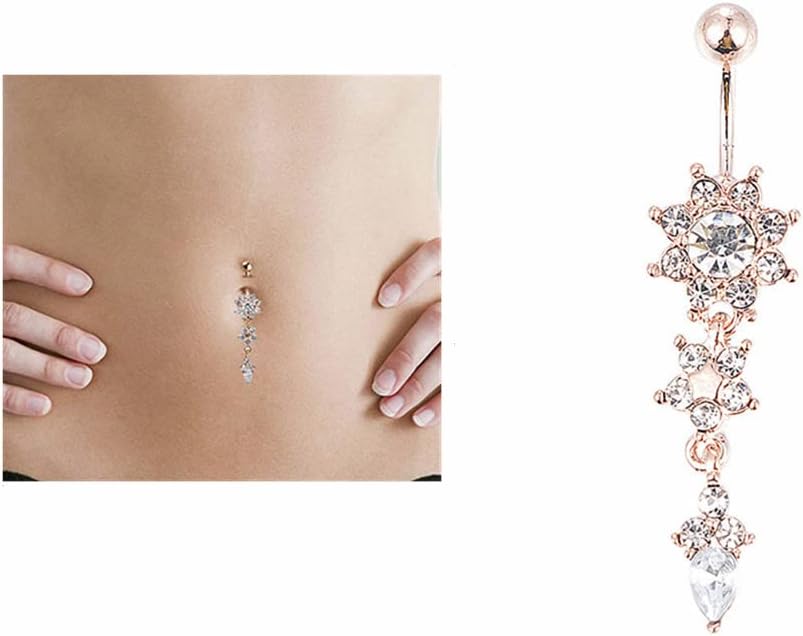 Sexy Women Crystal Body Dangle Ball Barbell Bar Belly Button Ring Navel Ring (Rose Gold) - 我的商店我的商店我的商店