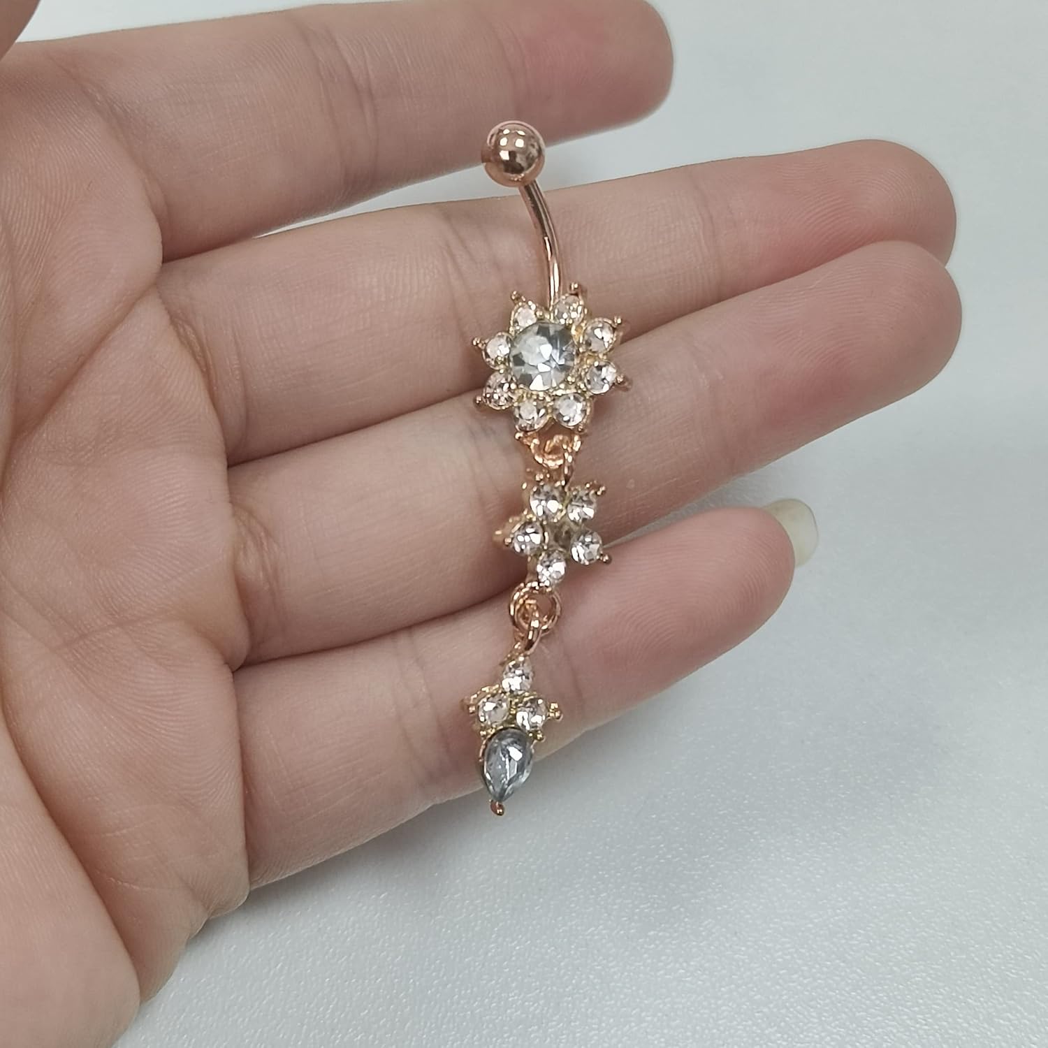Sexy Women Crystal Body Dangle Ball Barbell Bar Belly Button Ring Navel Ring (Rose Gold) - 我的商店我的商店我的商店