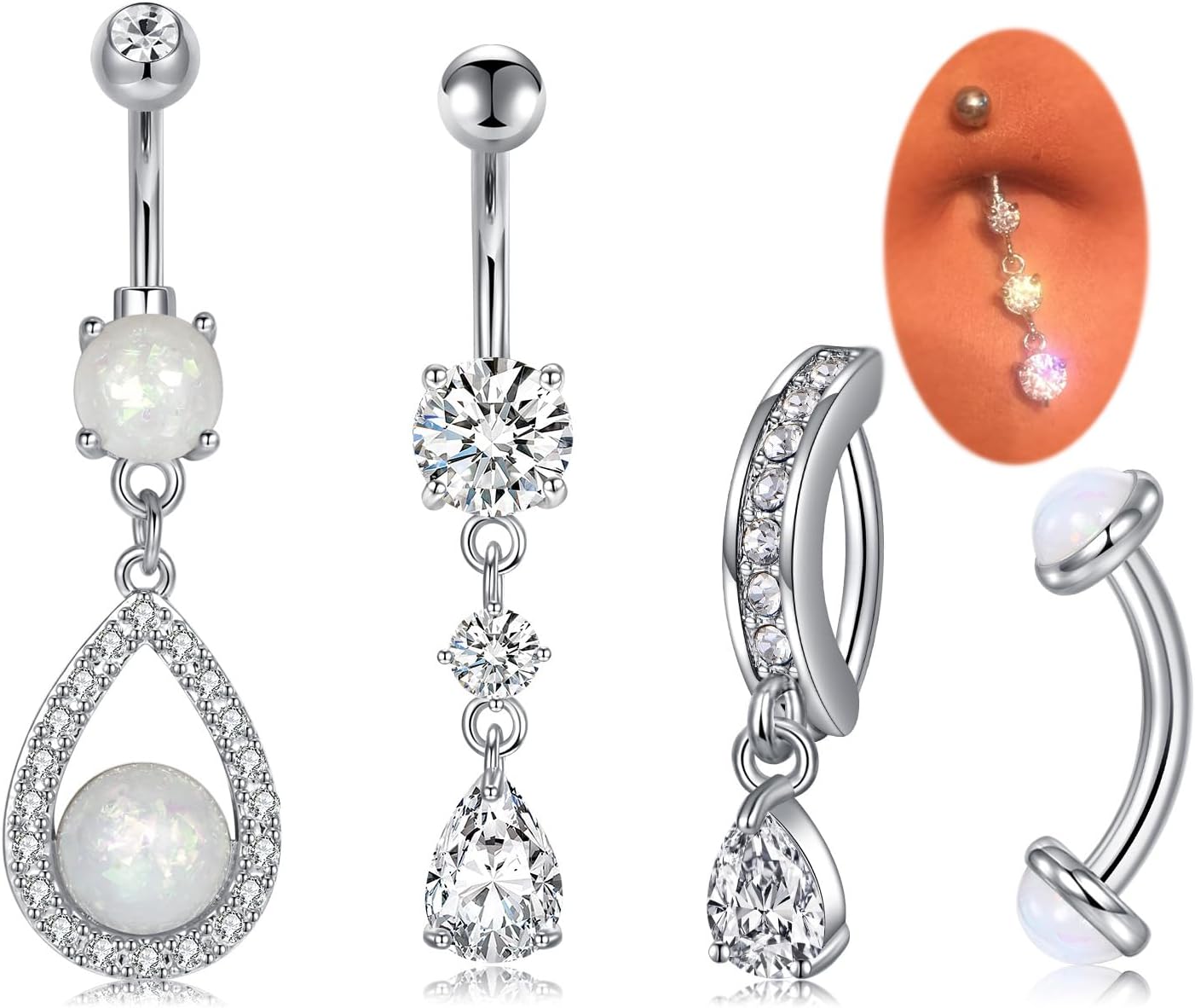 Silver Gold Belly Button Ring for Women Clicker Hoop Belly Rings Opal Navel Piercing Jewelry Dangle Hypoallergenic Surgical Steel Dainty Dangling Navel Rings for Women - 我的商店我的商店我的商店