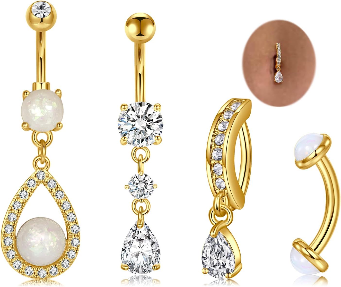 Silver Gold Belly Button Ring for Women Clicker Hoop Belly Rings Opal Navel Piercing Jewelry Dangle Hypoallergenic Surgical Steel Dainty Dangling Navel Rings for Women - 我的商店我的商店我的商店