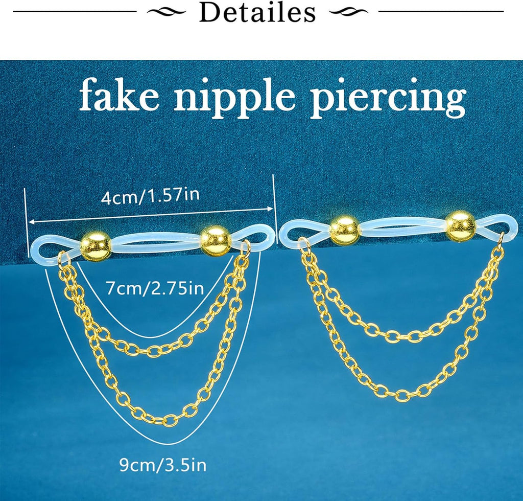 Silver Gold Fake Nipple Rings Non Piercing Nipple Jewelry with Chain Adjustable Elastic Nooses Non Pierced Faux Body Jewelry for Women Men Comfortable Valentine's Day - QIAO CrystalQIAO CrystalQIAO Crystal