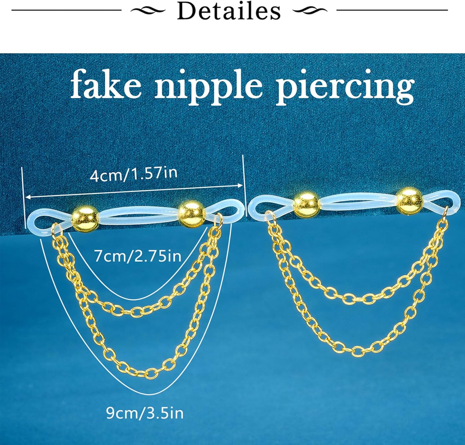 Silver Gold Fake Nipple Rings Non Piercing Nipple Jewelry with Chain Adjustable Elastic Nooses Non Pierced Faux Body Jewelry for Women Men Comfortable Valentine's Day - QIAO CrystalQIAO CrystalQIAO Crystal