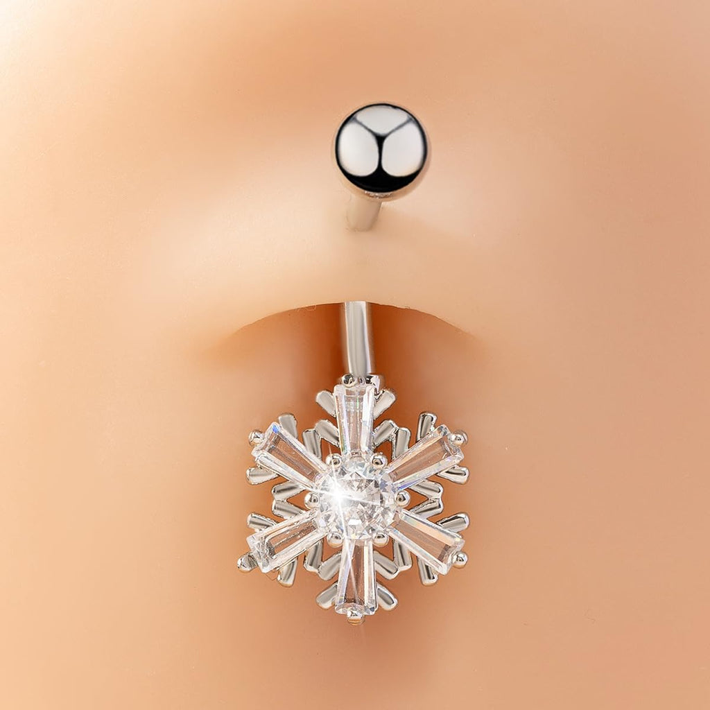 Snowflake Belly Button Ring for Women Men Unisex Surgical Stainless Steel Cubic Zirconia Winter Frozen Flower Navel Barbell Rings 14G Piercing Stud Jewelry Cute Christmas Birthday Gifts - 我的商店我的商店我的商店